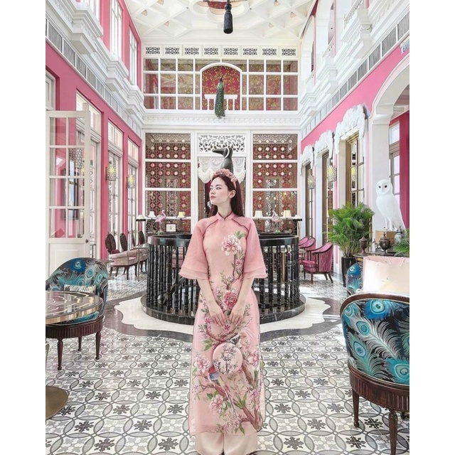 Áo dài cách tân 4 tà tay 2 lớp màu hồng đào chim đính kết sang trọng
