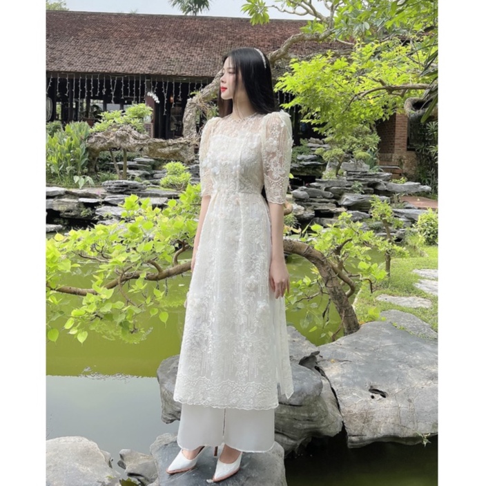 Áo dài cách tân nữ ren đính hoa cao cấp - A34