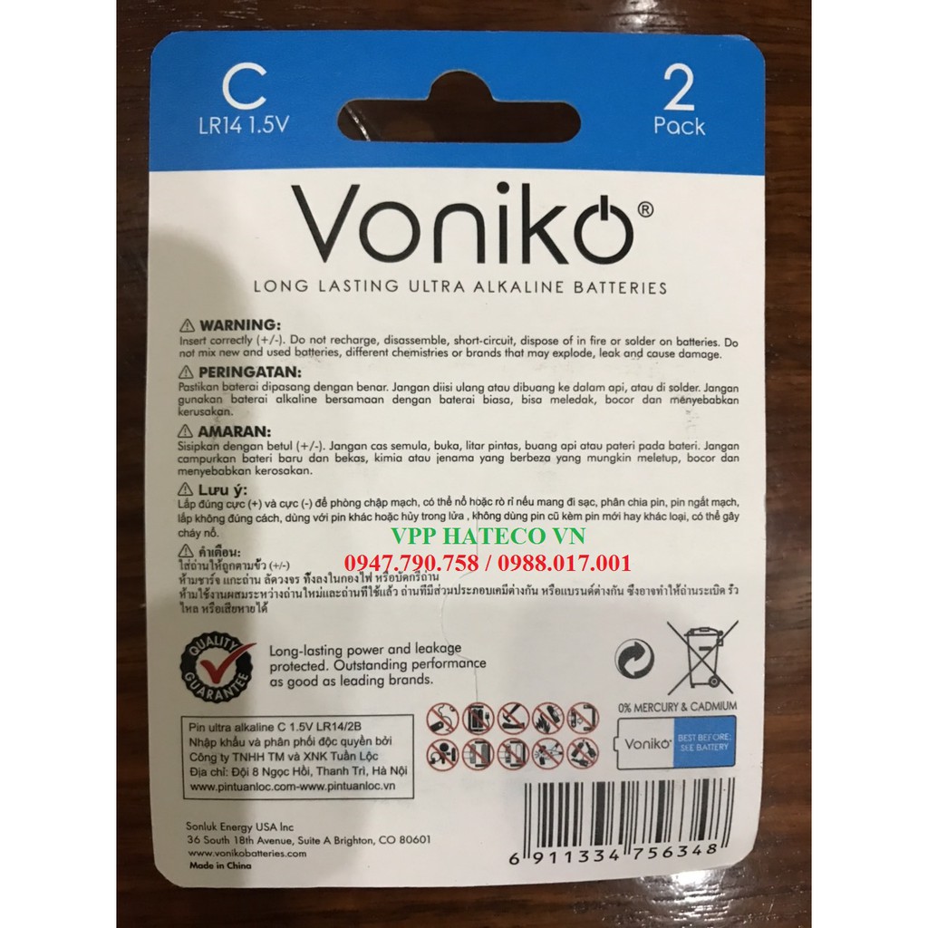 Pin VONIKO USA Ultra Alkaline C 1.5v LR14/2B vỉ 2 viên