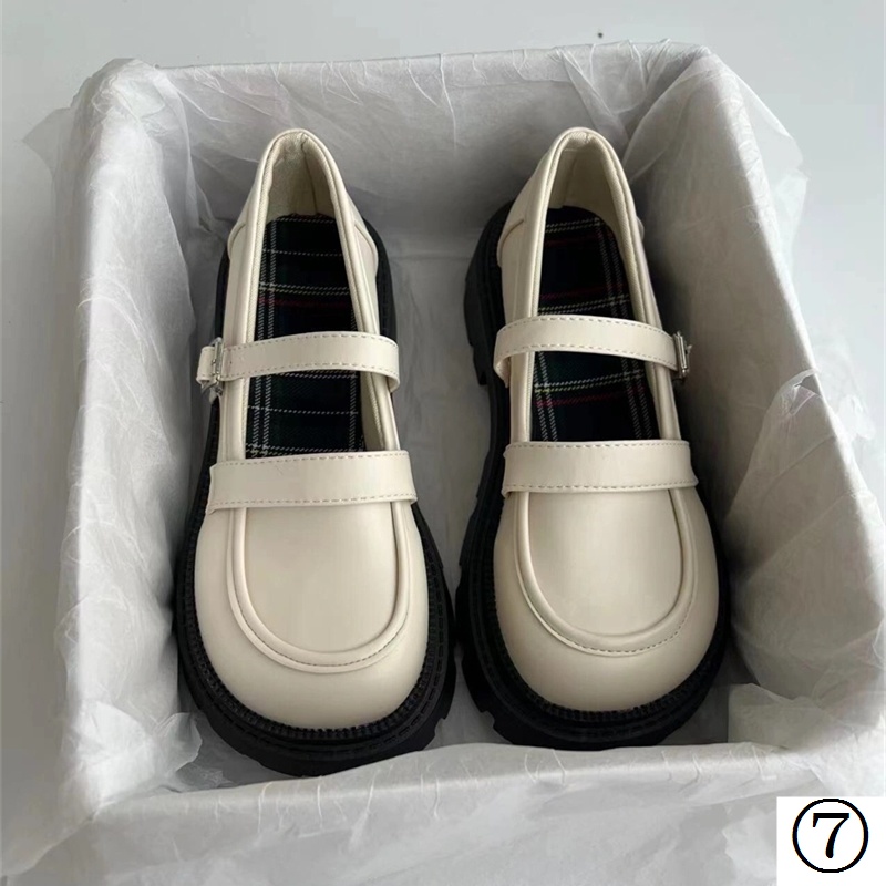 Giày Cao Gót Mũi Tròn Chất Liệu Da Phong Cách Retro Nhật Bản