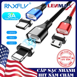 Cáp Sac Nam Châm Đa Năng Quick Charge 3.0, RAXFLY Sạc Nhanh Cho điện thoại Iphone, Samsung USB Type C, LIGHTNING LENMAX