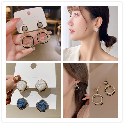 Bông Tai Hình Tròn/ Vuông Đính Đá Cỡ Lớn Phong Cách Cổ Điển Thời Trang Tinh Tế Cho Nữ