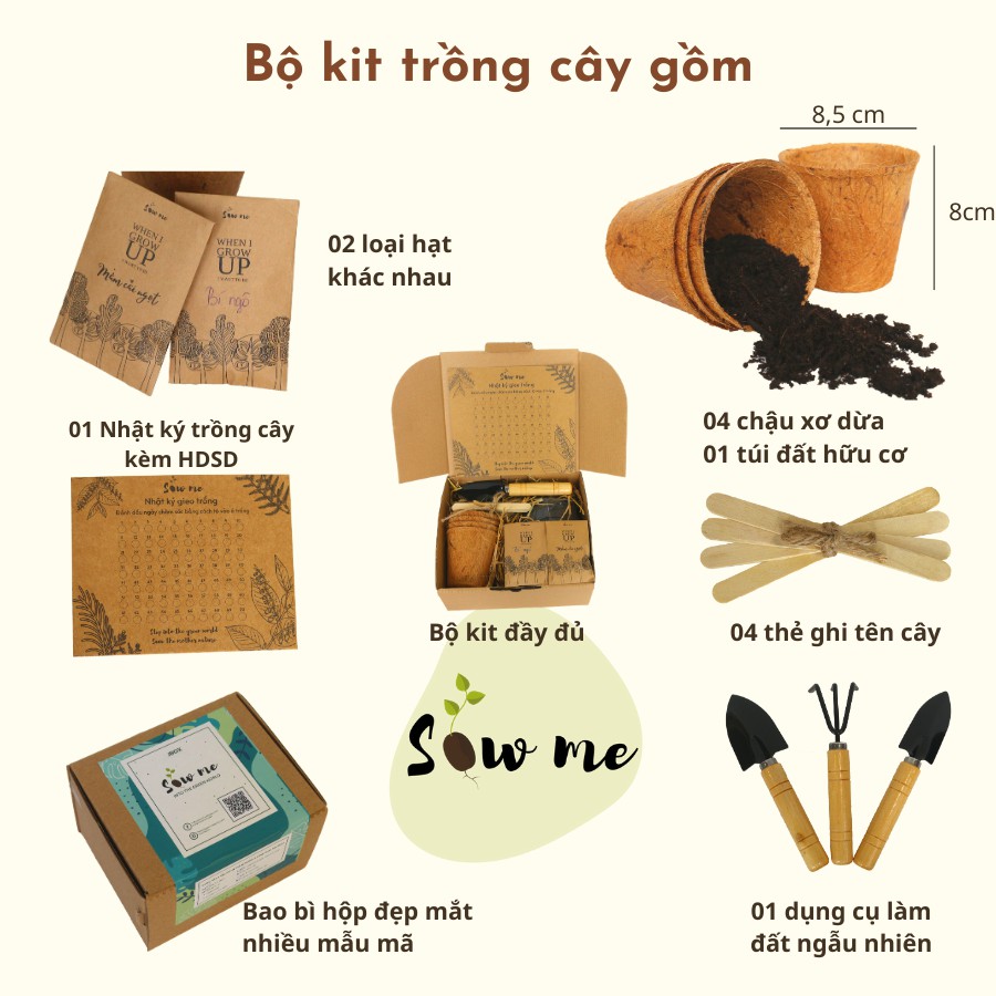 Bộ kit trồng cây (bản đầy đủ) SowMe - gồm 2 loại hạt giống- 4 chậu xơ dừa- dụng cụ làm vườn cho trải nghiệm hoàn hảo