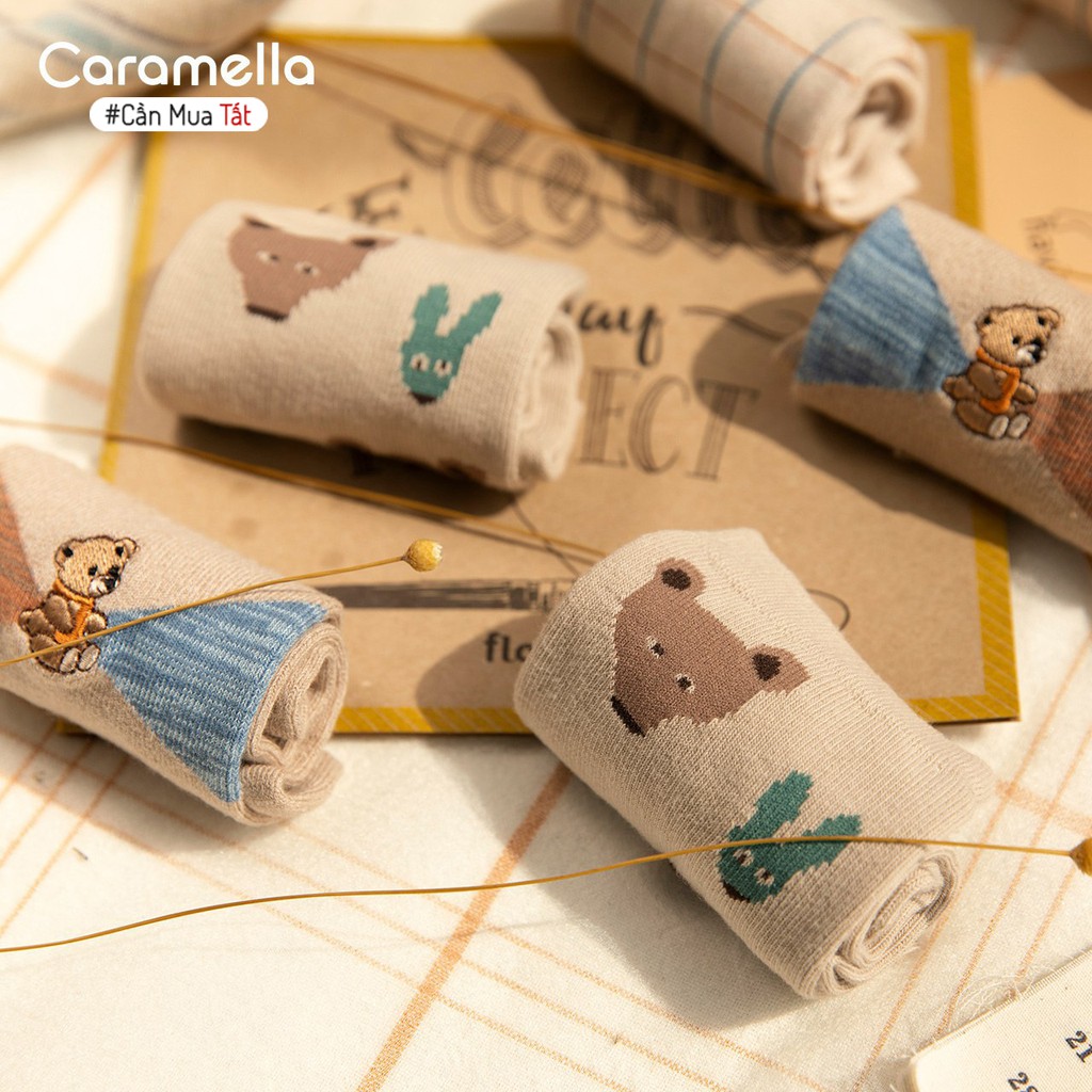 Tất Nữ Caramella Cao Cấp Set 3 Đôi Cổ Dài Chủ Đề Gấu Nâu