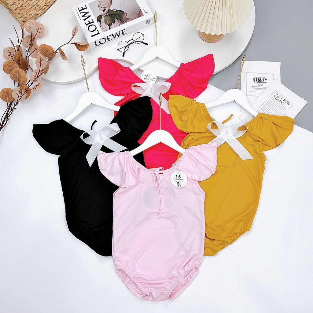 Bộ bơi bikini liền thân 1 mảnh cho bé gái màu trơn phối nơ dễ thương (15-30kg) - Baobaokids