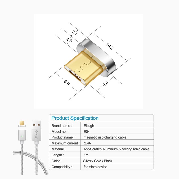 Sạc Hít Nam Châm 2.4A Elough E04 Chui MicroUSB Hàng Chính Hãng Phân Phối