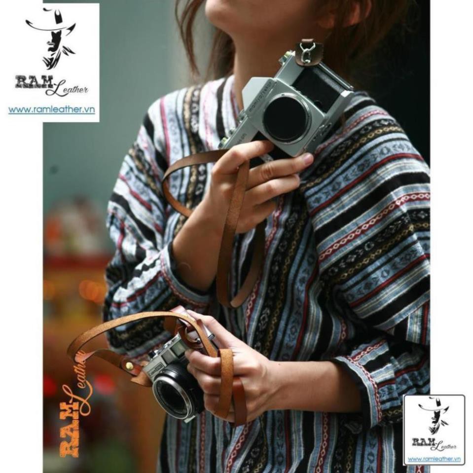 Dây máy ảnh máy film và mirroless da bò nâu sáng khóa đồng - RAM A2 Light brown VINTAGE ,