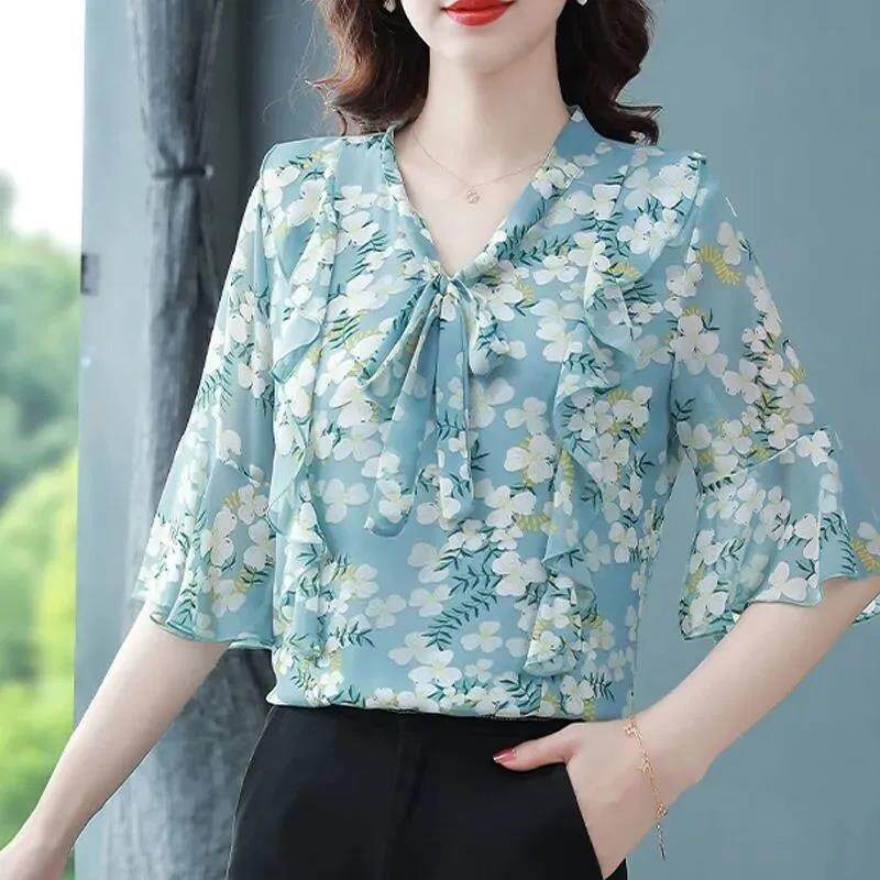 Áo Sơ Mi Chiffon Tay Lỡ 3 / 4 In Hoa Thời Trang Công Sở Cho Nữ