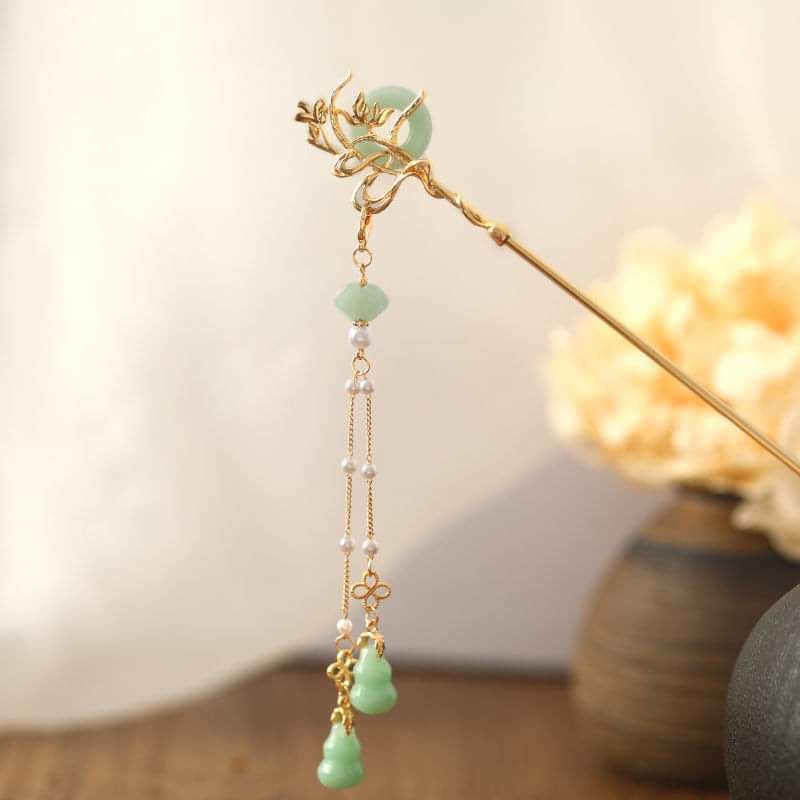 Trâm cài tóc cổ trang Trung quốc mẫu ngọc bội rủ tua rua kim loại, trâm cài cổ trang, phụ kiện cổ trang