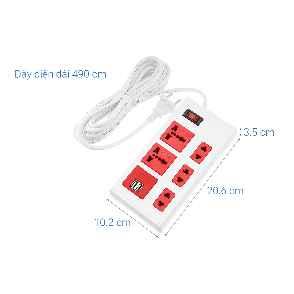 Ổ CẮM ĐIỆN QUANG CÔNG TẮC RESET BẢO VỆ QUÁ TẢI ĐA NĂNG 2 CỔNG SẠC USB ĐQ ESK 2WR 5ECO 2A – CÔNG SUẤT 2500W – 2 MÉT DÂY