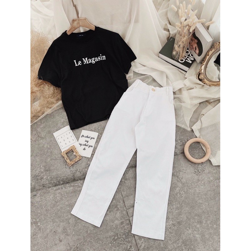 Set pull đen in chữ + quần kaki trắng