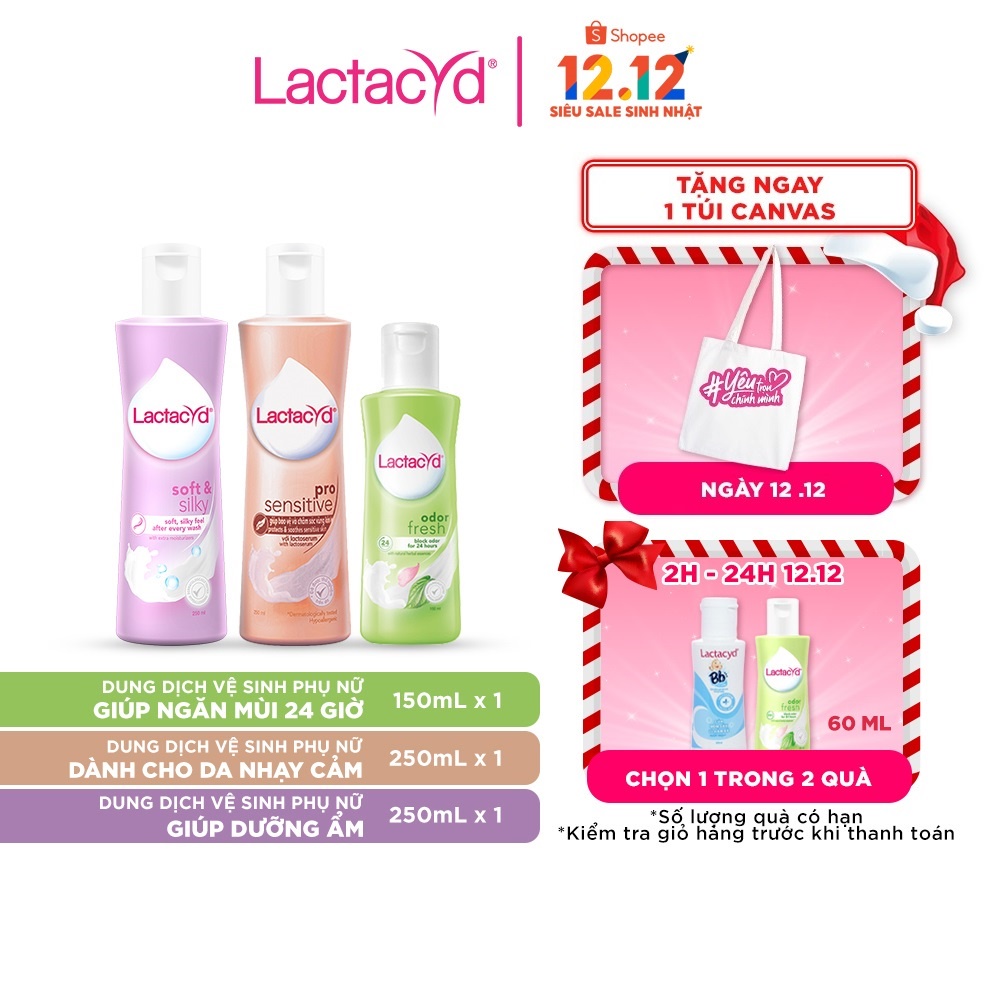 Bộ Dung Dịch Vệ Sinh Lactacyd Soft & Silky Dưỡng Ẩm 250ml + Odor Fresh Ngăn Mùi 150ml + Pro Sensitive Da Nhạy Cảm 250ml