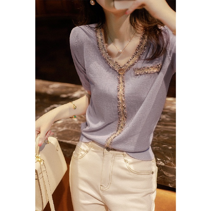 2021 Japan and South Korea Summer Knitted T-shirt, Heavy Industry 3D Knitted Embroidery, Elegant Lavender Knitted T-shirt