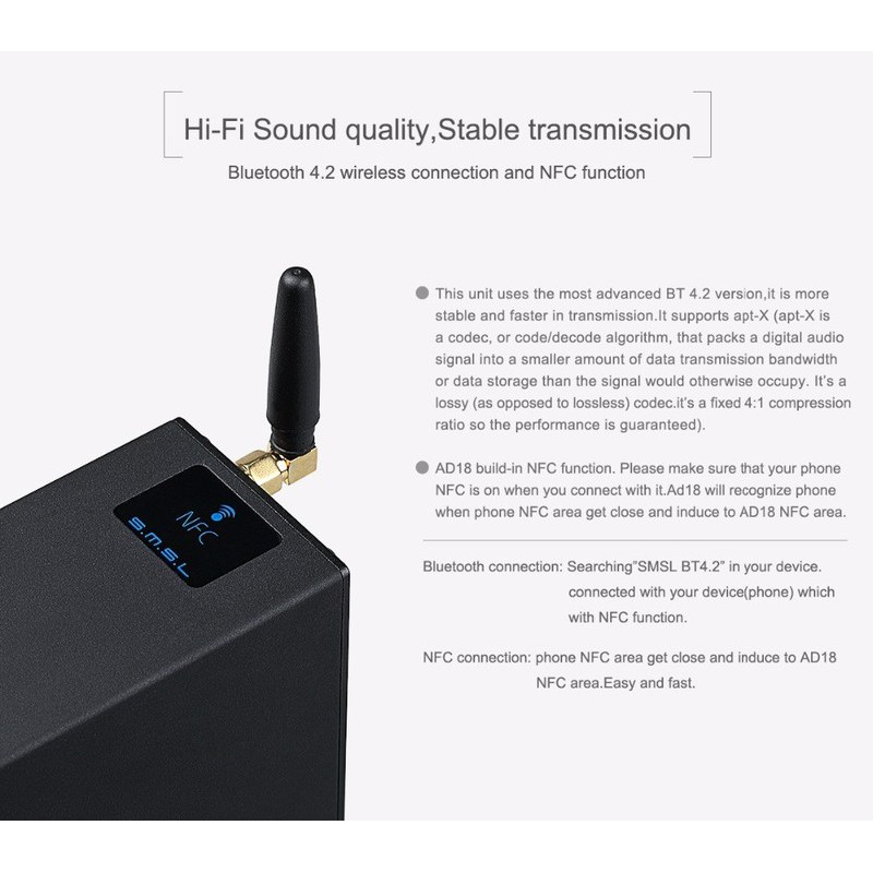 [MÃ ELHACE GIẢM 4% ĐƠN 300K] BỘ DAC GIẢI MÃ ÂM THANH HI-FI BLUETOOTH 4.2 S.M.S.L AD18