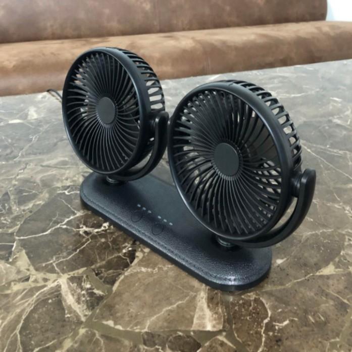 Sản Phẩm Quạt máy đôi mini xoay 360 độ, sử dụng trên ô tô và bàn làm việc (công suất 12W)-3 chế độ quạt, điều khiển riên
