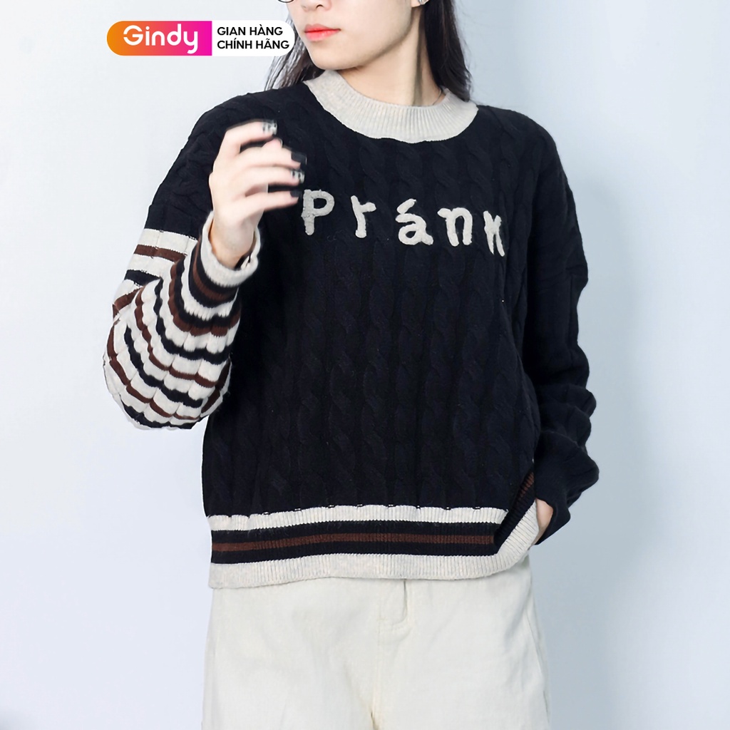 Áo len nữ cổ tròn phối tay kẻ ngang vải dày dặn GINDY thời trang ulzzang hàn quốc thời trang thu đông có 4 màu AMN001