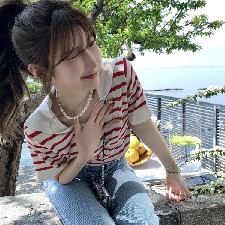 Áo thun SUXI ngắn tay cổ chữ V họa tiết kẻ sọc đơn giản thời trang mùa hè cho nữ