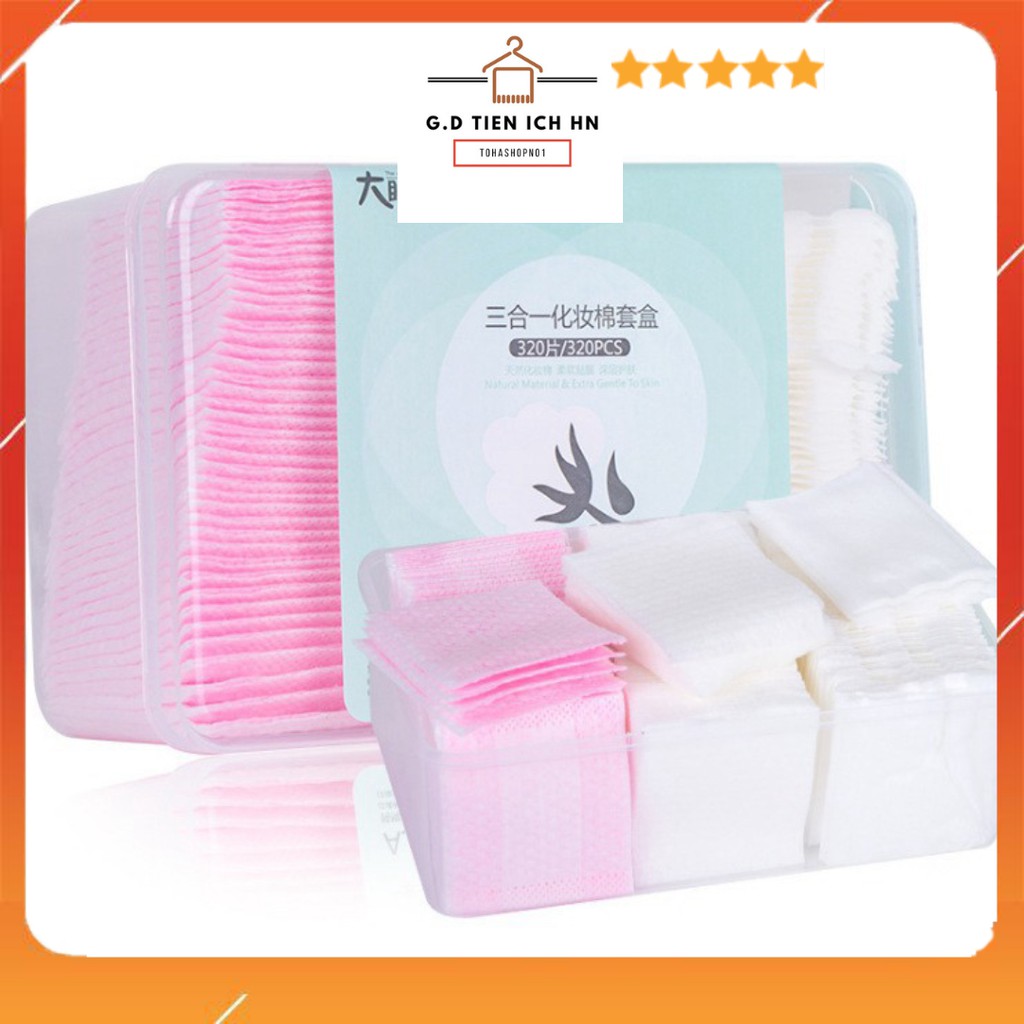 [Hộp Nhựa 320 miếng] Bông tẩy trang 3 in1 cotton 100% mềm mịn hộp 320 miếng tiện lợi