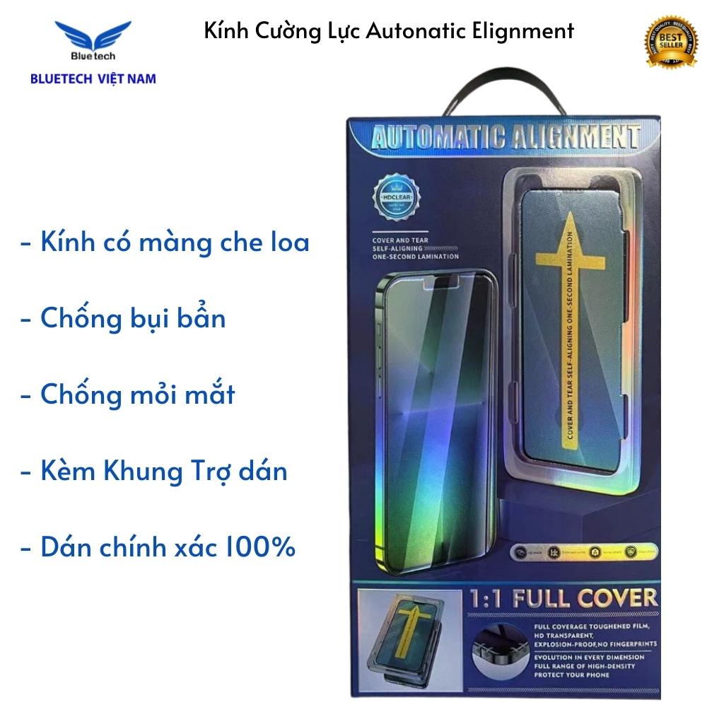 Kính cường lực Automatic Elignment Cho IPhone X – 13 ProMax Chống Bụi Màng Loa, chống mỏi mắt, Kèm Khung Trợ Dán