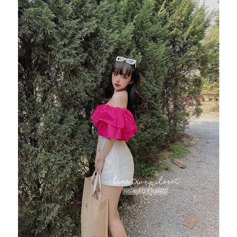 [Mã 44FASHIONSALE1 giảm 10K đơn 50K] Set áo hồng trễ vai quần short đùi trắng LT470