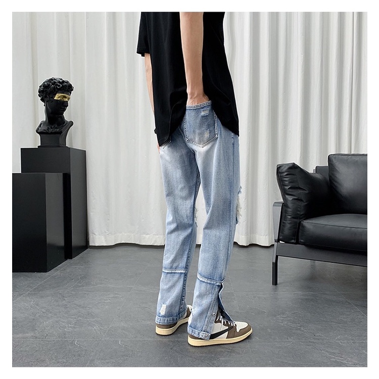 Quần Jeans Nam Rách Gối 🌵 Quần Xẻ Gấu Có Cúc 🌵Hai Màu Đen Và Xanh HipHop