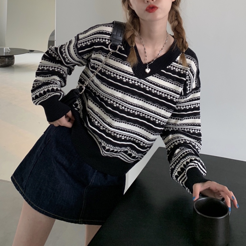Áo Sweater dáng rộng họa tiết kẻ sọc thiết kế mới thời trang mùa thu đông theo phong cách hàn quốc dành cho nữ