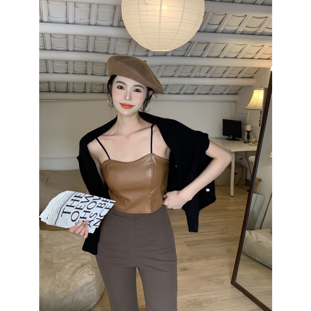 Áo hai dây croptop da ba màu lưng chun cá tính