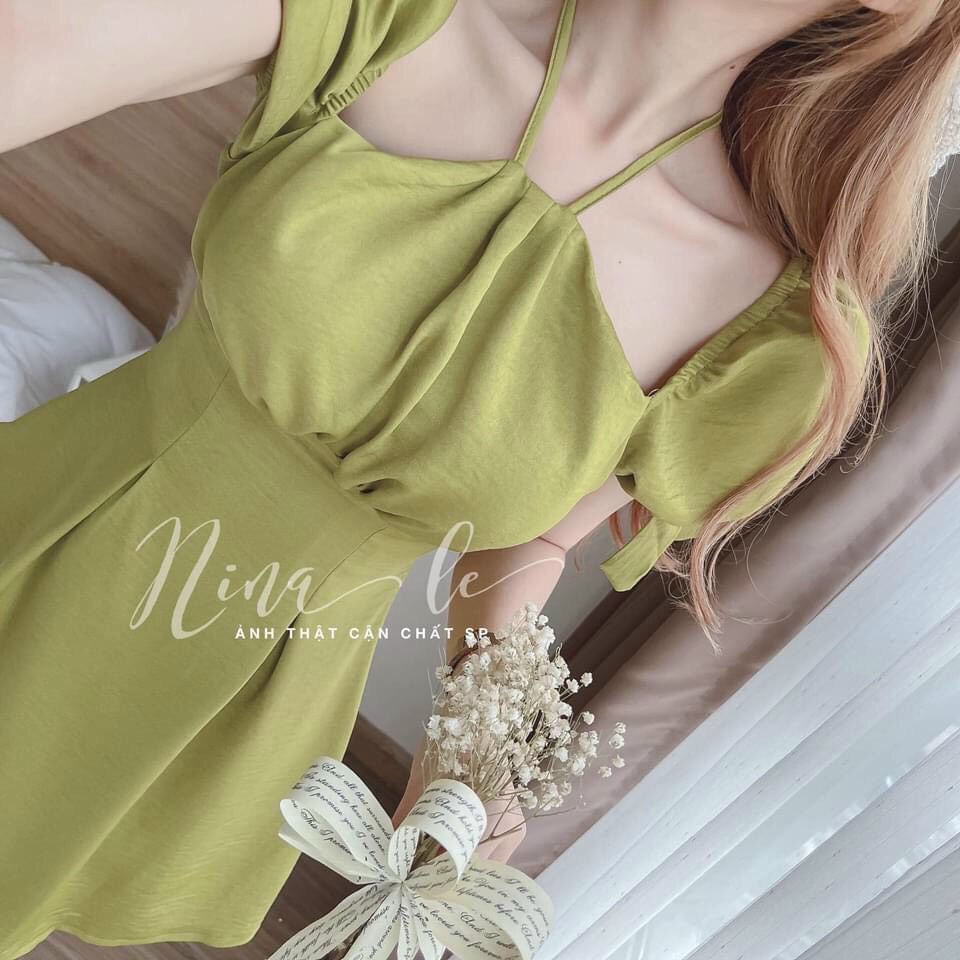 ( MIỄN PHÍ SHIP 2022) Đầm nữ cổ yếm hottrend, đầm nữ tay phồng, váy xòe nữ dễ thương đơn giản nhiều màu