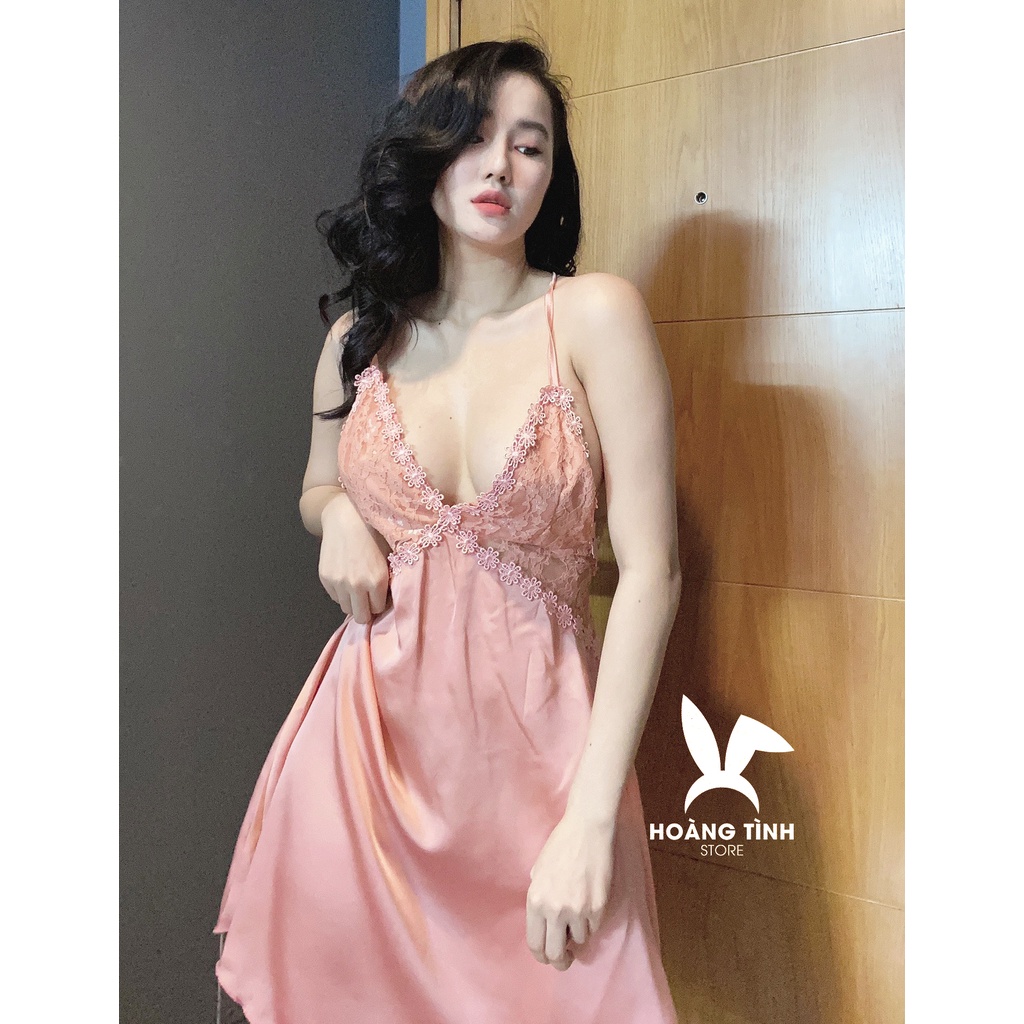 Đầm ngủ sexy gợi cảm 2 dây lụa satin cao cấp Hoàng Tình Store váy ngủ sexy chéo lưng phối ren quyến rũ Freesize