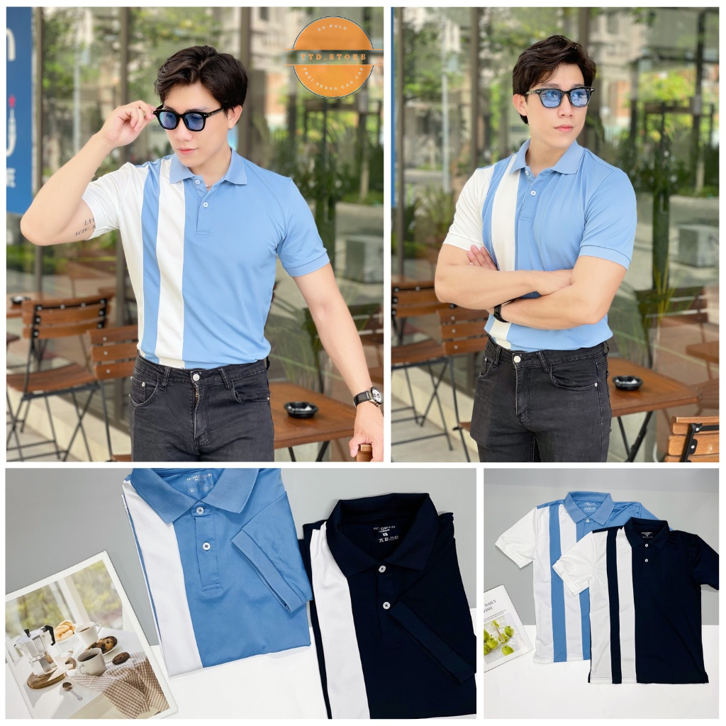 Áo thun polo nam cao cấp tay ngắn phối sọc dọc trắng, đen bụng thời trang hè trẻ trung lịch lãm