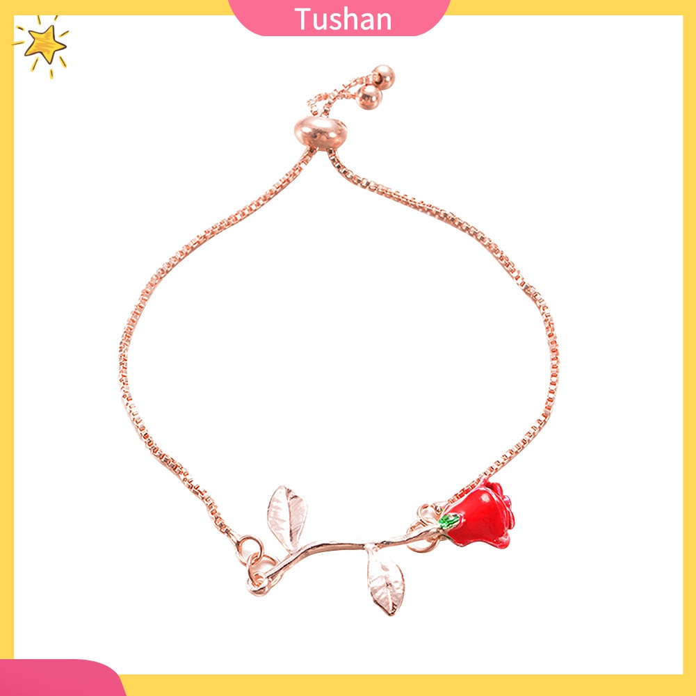 TUSH_Elegant Rose Pendant Wristband Bracelet Adjustable Bangle Women Jewelry Gift
