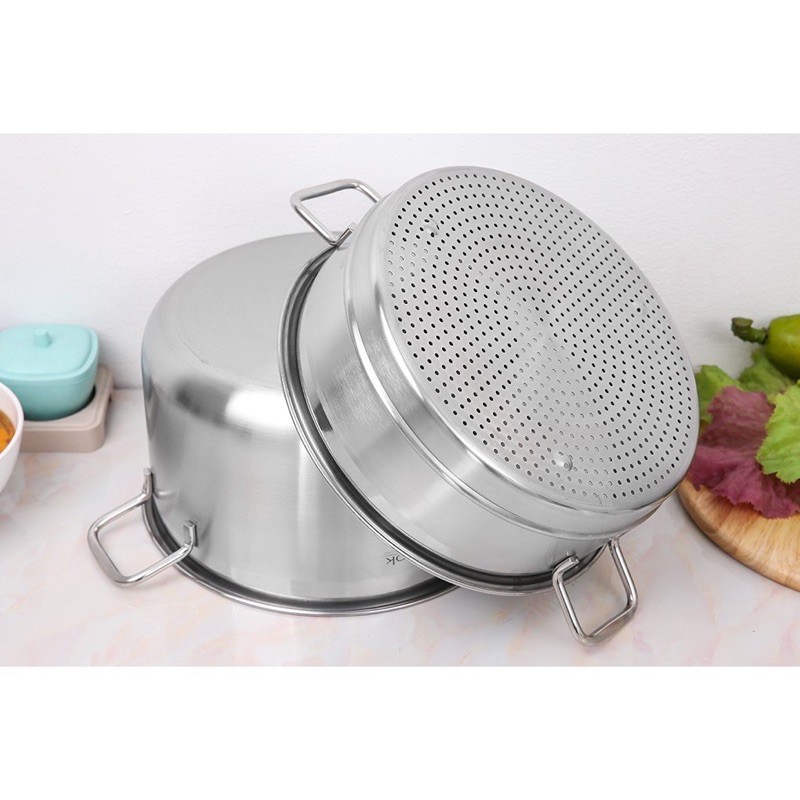 Bộ Nồi Xửng Hấp inox 430 Bếp Từ 1 Đáy HT COOK 28cm Nắp Kính