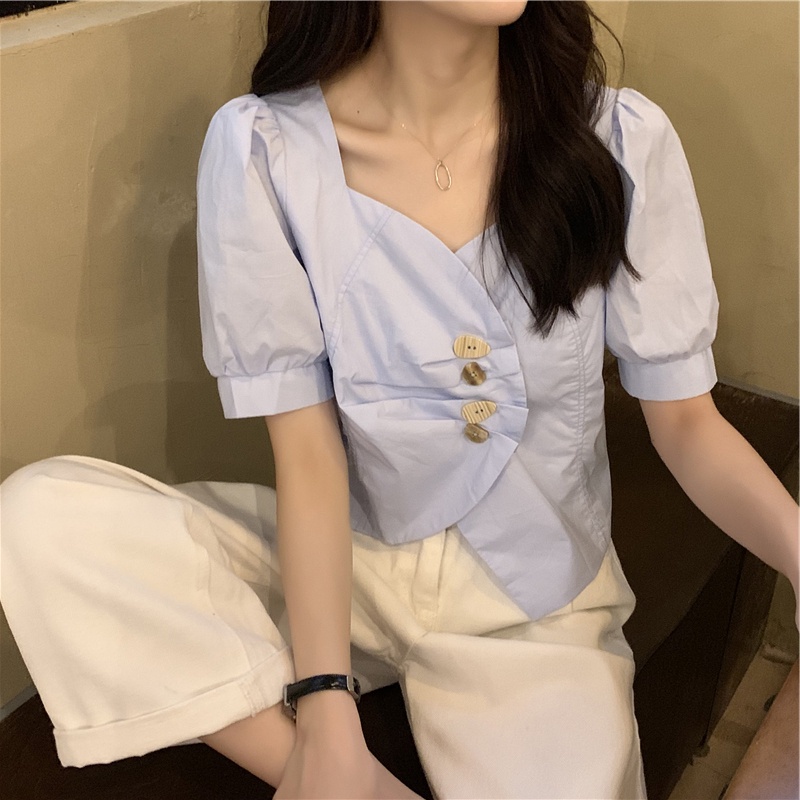 SUXI Áo kiểu tay ngắn cổ chữ v thiết kế lệch tà thời trang mùa hè xinh xắn dành cho nữ