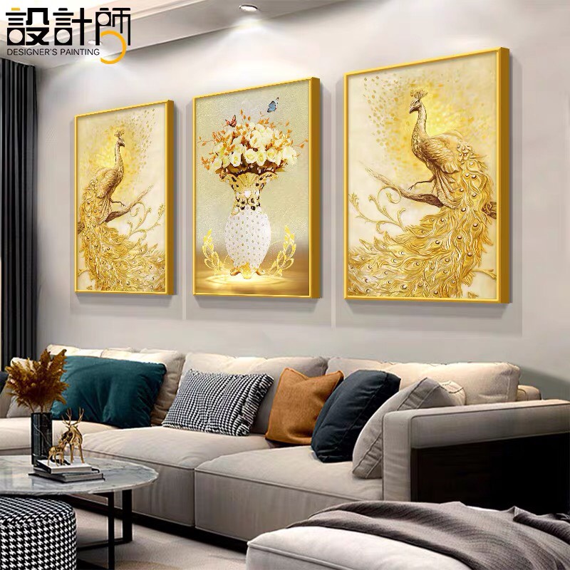 HD6 Bộ 3 Bức Tranh Treo Tường Phòng Khách Hình Chim Công Và Bình Hoa Bóng Cao Cấp
