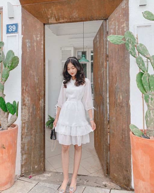 Váy trắng dự tiệc thắt nơ tay phong cách tiểu thư kèm ảnh thật bé mặc được SẴN SIZE S, M, L