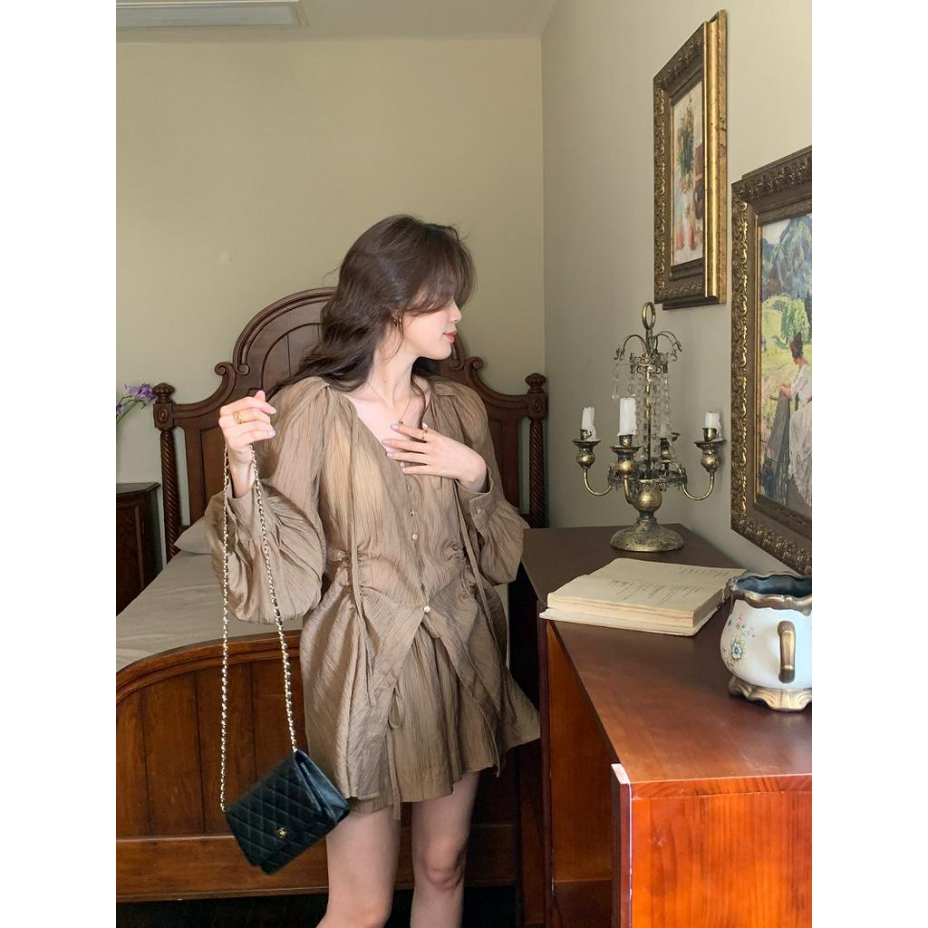 Áo Sơ Mi Tay Dài Cổ Chữ V Phối Dây Rút Thời Trang 62187