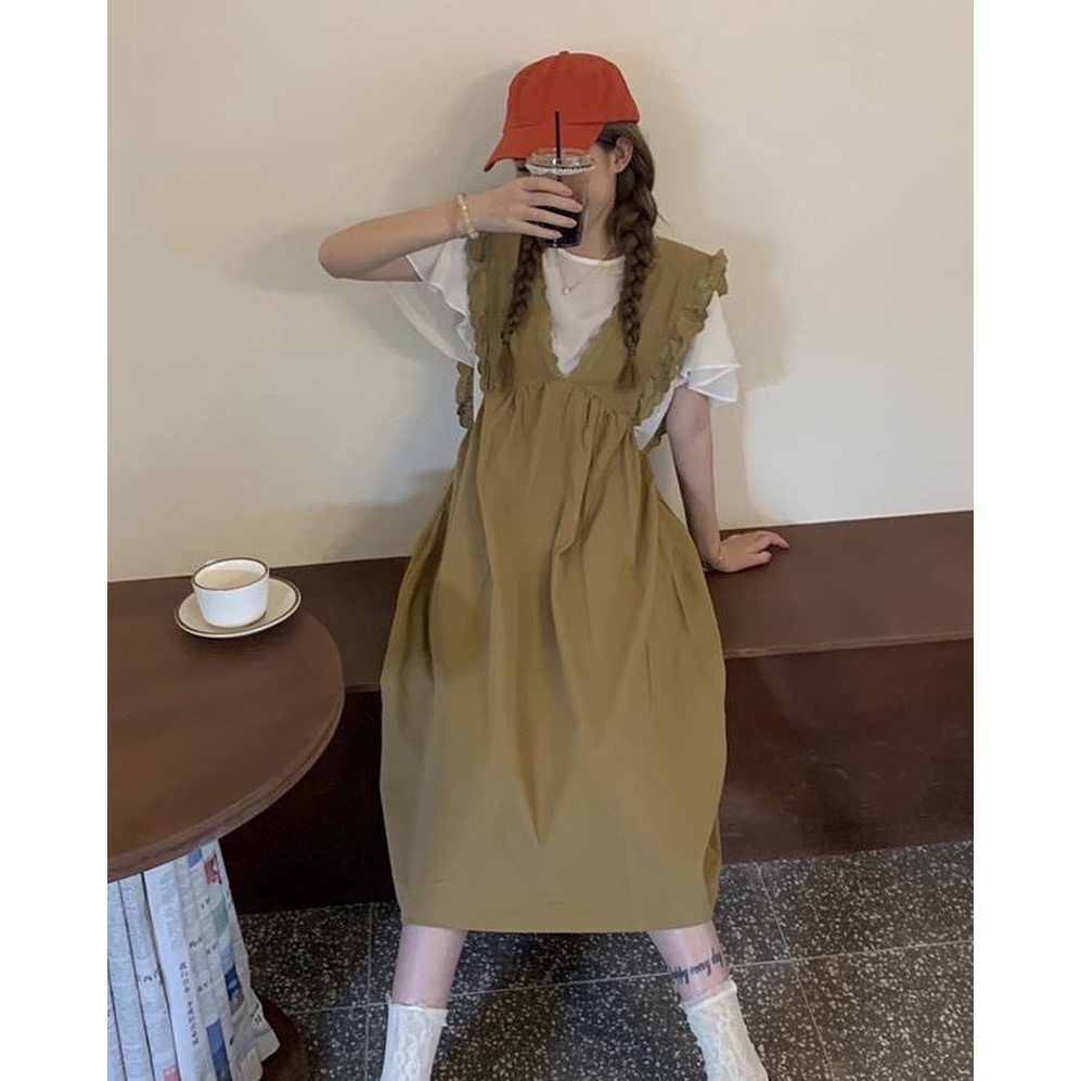 Set áo thun ngắn tay + Đầm yếm lửng hai dây thời trang mùa hè Hàn Quốc