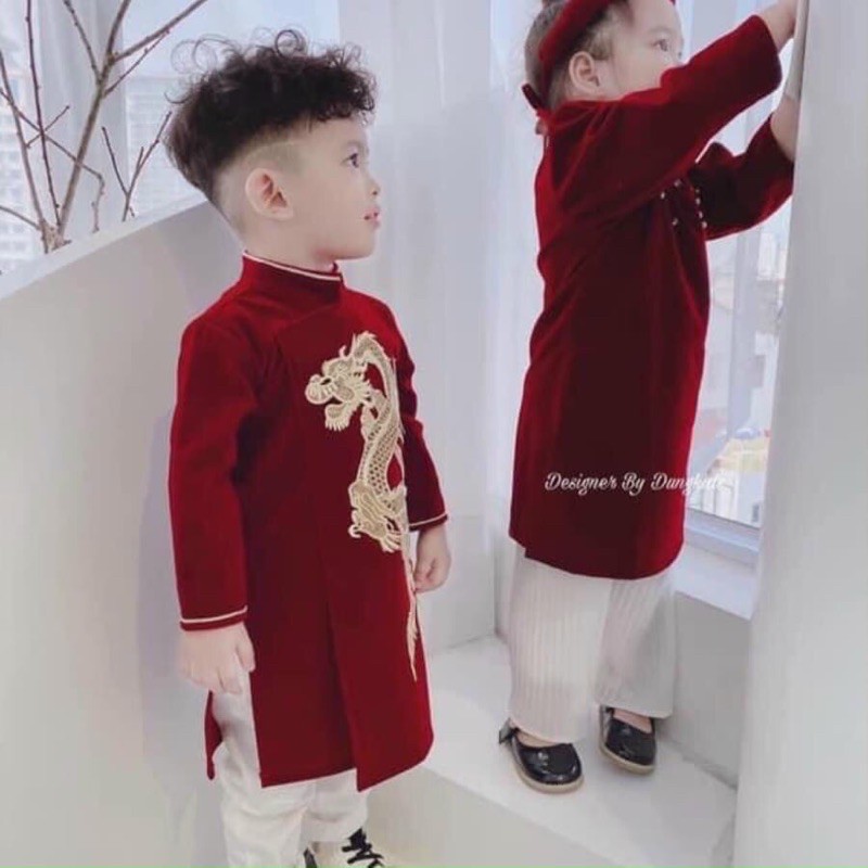 Áo Dài Nhung Đỏ Cho Bé Trai/Bé Gái Diện Tết 2020