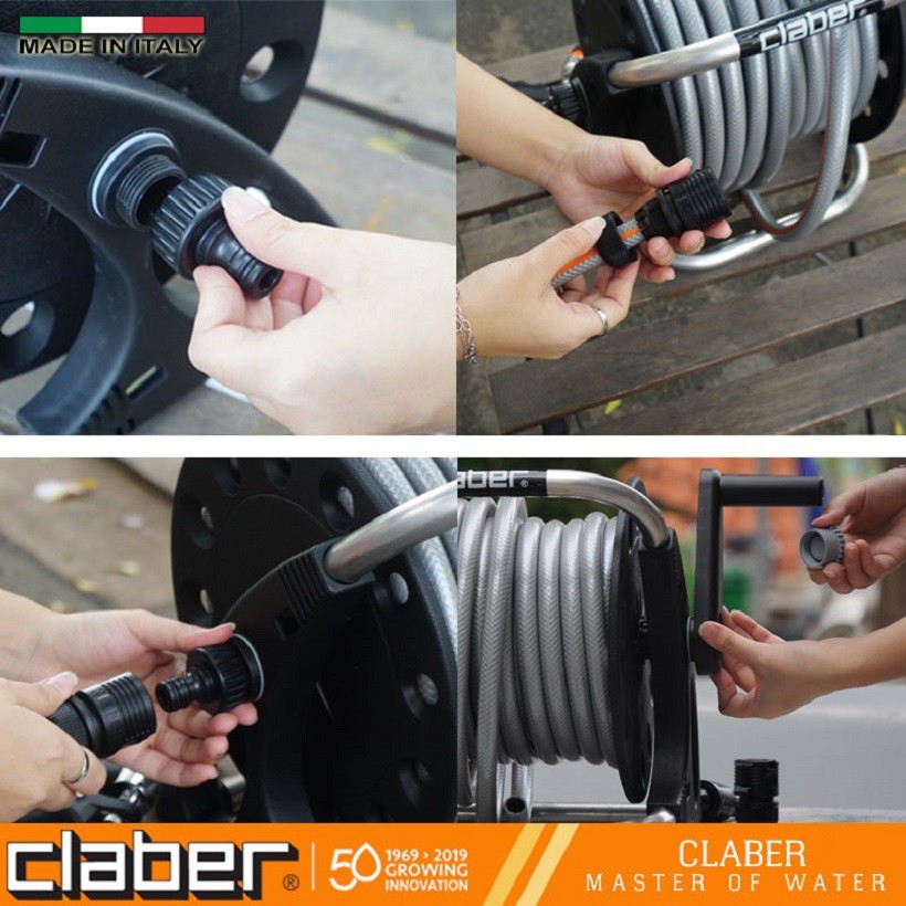 Combo Bộ Dây Và Vòi Tưới Cây  Claber 15m Aquapony Kit 8884 và móc treo tường kim loại, phi ống 12mm