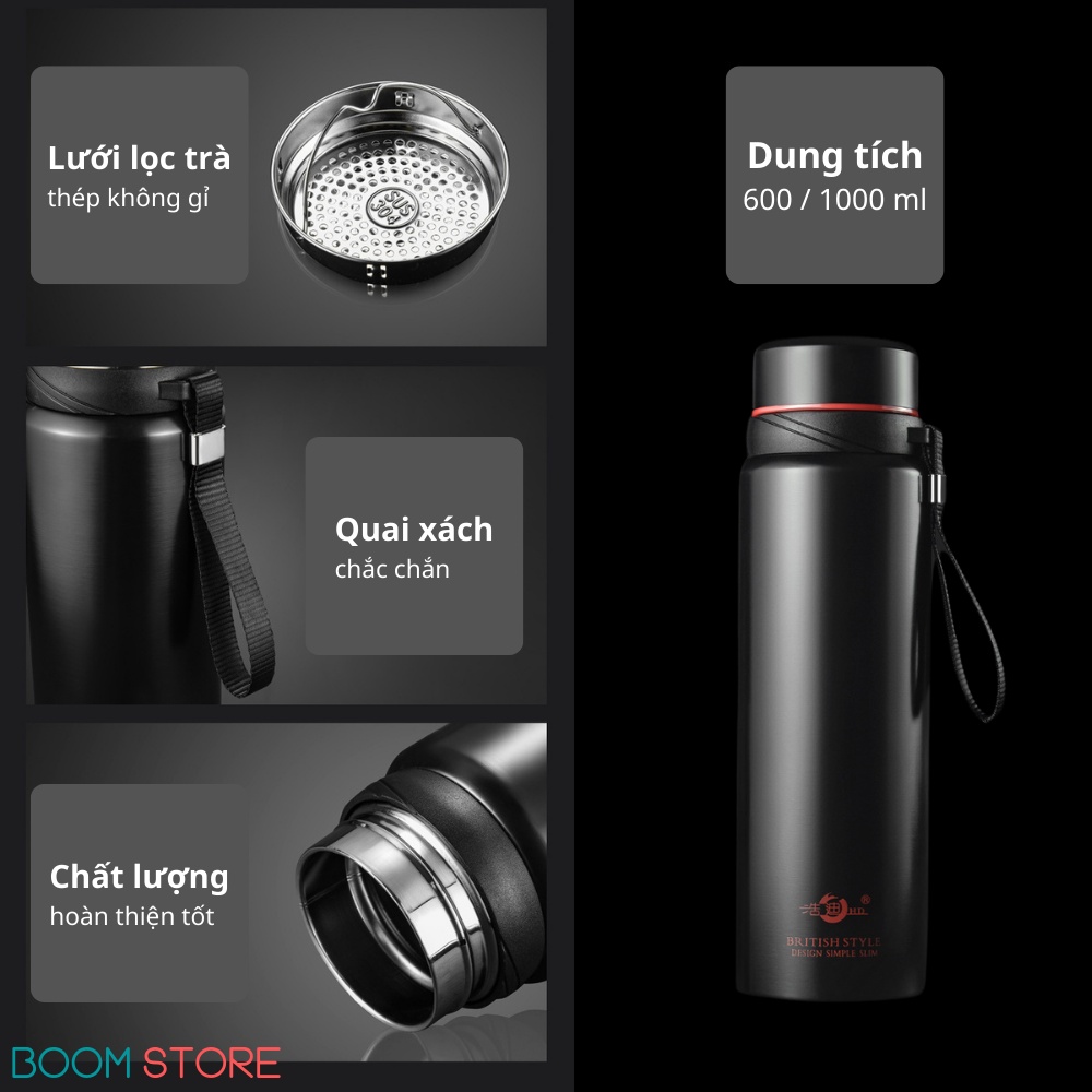 Bình giữ nhiệt 1000ml đẹp INOX 304 cao cấp, bình đựng nước giữ nhiệt thể thao Boom Store