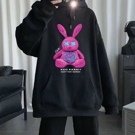 Áo nỉ hoodie gấu Rabbit in 5D unisex dài tay nam nữ cao cấp, áo phông nỉ bông sweater có mũ màu trắng, đen K082 - Hàng n