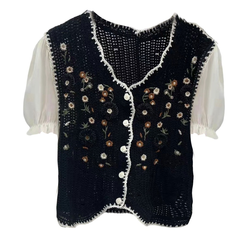 Áo Chiffon Dệt Kim Tay Ngắn Cổ Chữ V Thêu Hoa Ngọt Ngào Cho Nữ