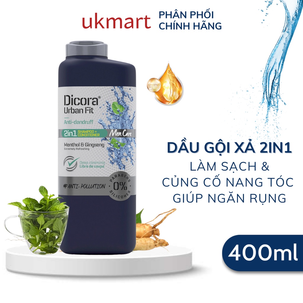 Dầu Gội Xả Dicora Urban Fit Chống Rụng Tóc Ngăn Ngừa Gàu Dành Cho Nam Giới 400ml Anti-Dandruff Fortifying 2in1