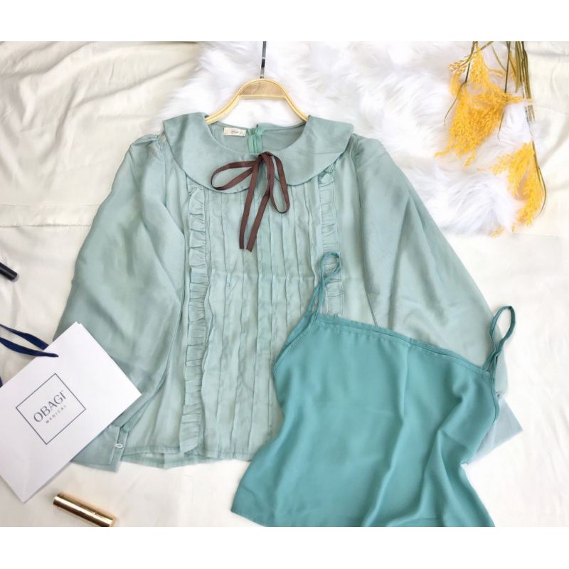 Set áo tơ cổ sen thắt nơ có áo lót trong