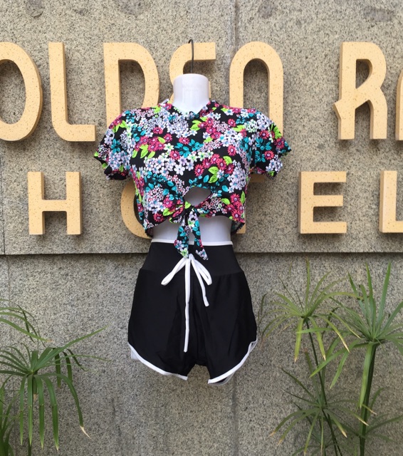 Bikini Bộ Bơi Đồ Bơi Nữ Áo Croptop Tay Ngắn Kèm Quần Đùi Kiểu Dáng Thể Thao Free Size Dưới 55Kg - Lucky Girl shop | BigBuy360 - bigbuy360.vn