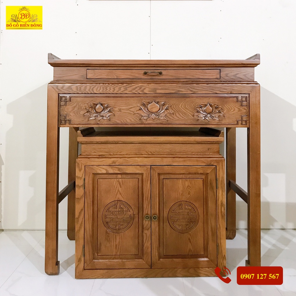 Bàn thờ chung cư chạm hoa sen kèm bàn cúng gỗ sồi Nga