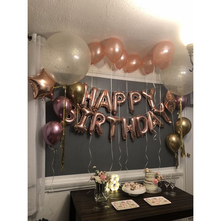 Bộ bóng happy birthday màu rose gold Tặng Kèm bóng và Bơm tay băng keo