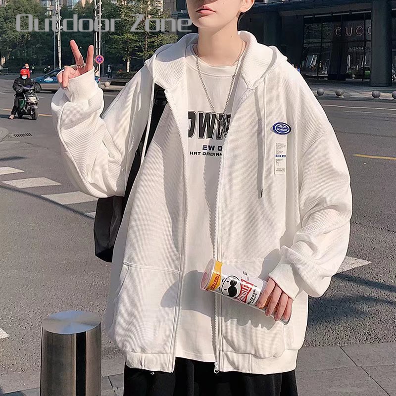 Áo Khoác hoodie Dáng Rộng Phối Khóa Kéo Phong Cách Hiphop Đường Phố Cho Nam
