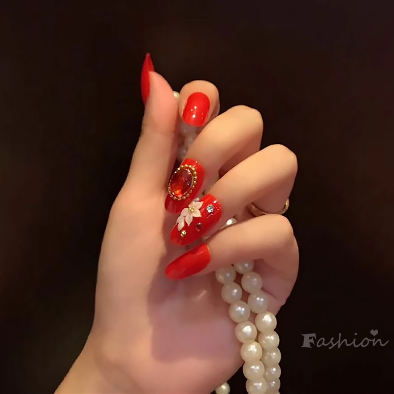 Bộ 24 Móng Tay Giả Đính Đá Trang Trí Che Phủ Toàn Diện Màu Đỏ
