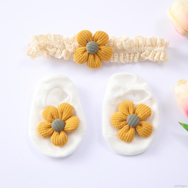 Bộ 2 chiếc vớ cotton cao tới mắt cá chân chống trượt đính hoa + băng đô phối ren xinh xắn thời trang cho bé gái sơ sinh